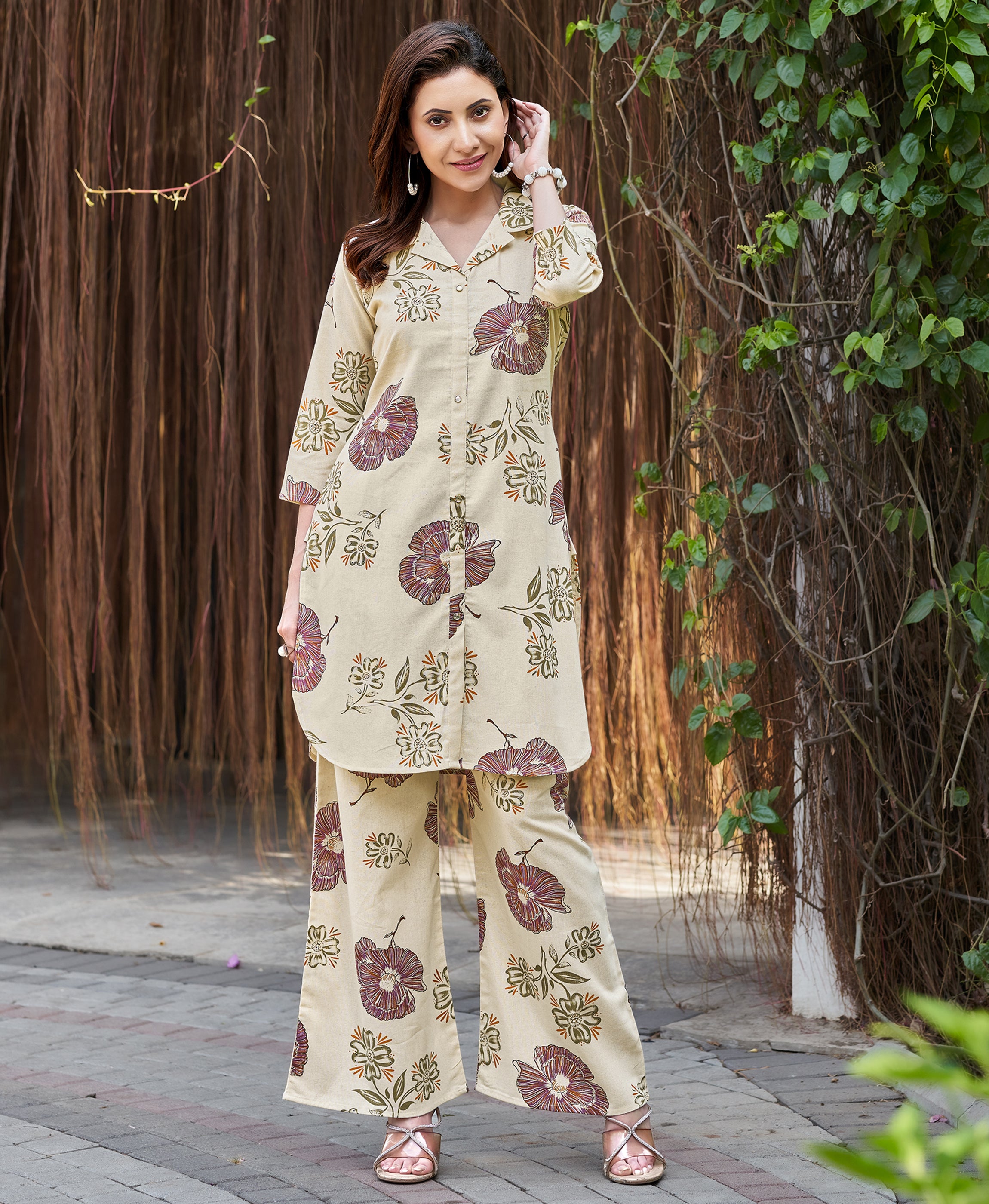 Khaki Cotton Blend Floral Printed Co-ord Set